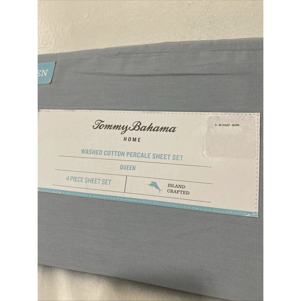 Tommy Bahama Queen Sheet Set 4 Pieces Home Washed Cotton Percale Blue Sky New